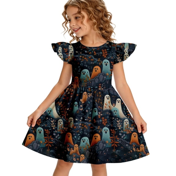 Halloween Toddler Girl Dress Pumpkin Ghost Print Flutter Short Sleeves Dress Outfits 5-12Y