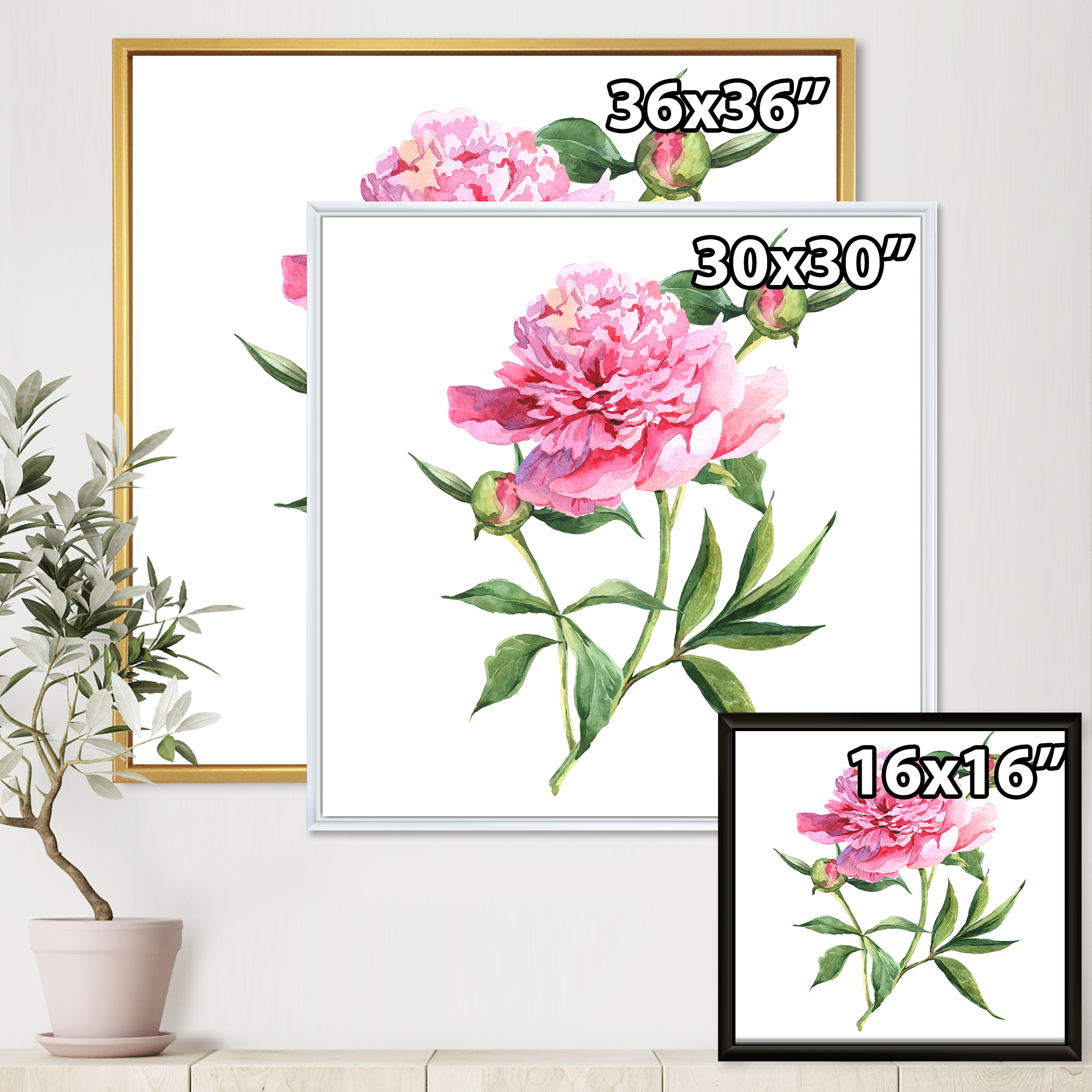 Designart 'Ancient Pink Peonies' Traditional Framed Canvas Wall Art Print