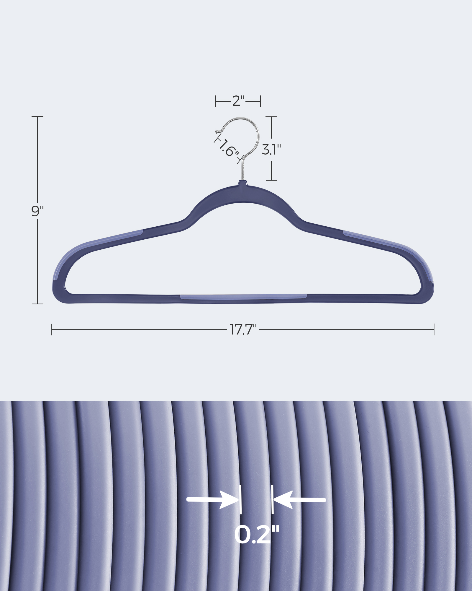 50-Pack Space Saving Plastic Hangers with 360° Swivel Hooks, 0.2 Inch Slim Closet Organizers for Coats Shirts Pants, Dark Blue Ash and Light Blue Ash