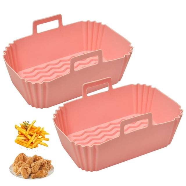 2Pcs Air Fryer Silicone Pot avec Poignée Réutilisable Air Friteuse Doublure Résistant à la Chaleur Air Friteuse Panier en Silicone Rectangle Cuisson Pan Air Fryer Accessoires Doublures pour Air Friteuse Four Micro-Ondes