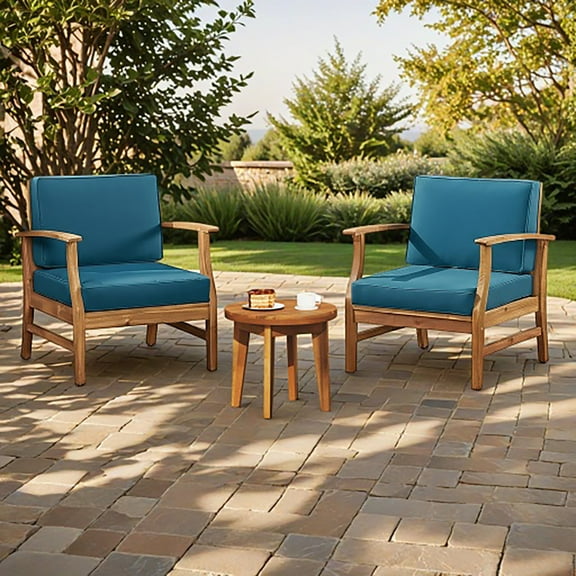 Christopher Knight Home 3-Piece Rustic Outdoor Chat Set with Club Chairs & Side Table, Acacia Wood Frame, Blue Teak