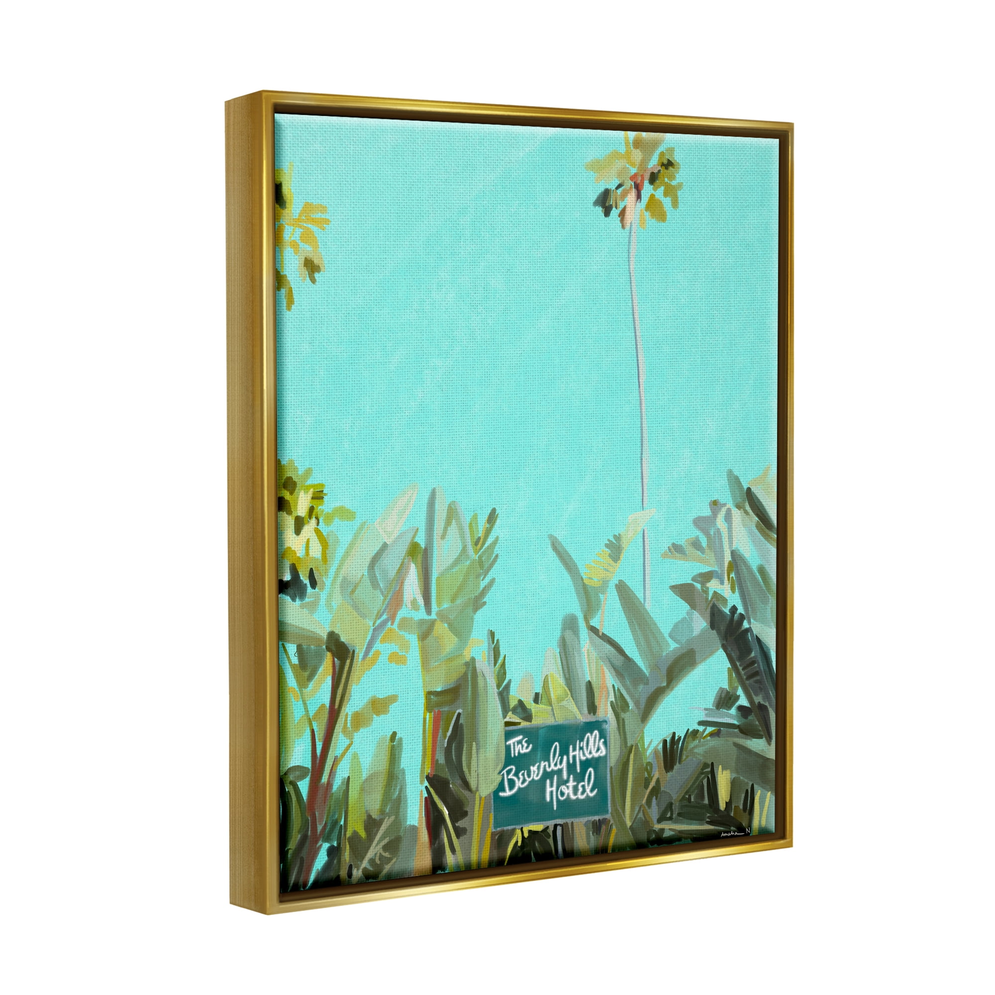 Stupell Industries Beverly Hills Hotel Tropical Palms Coastal Painting Gold Floater Framed Art Print Wall Art