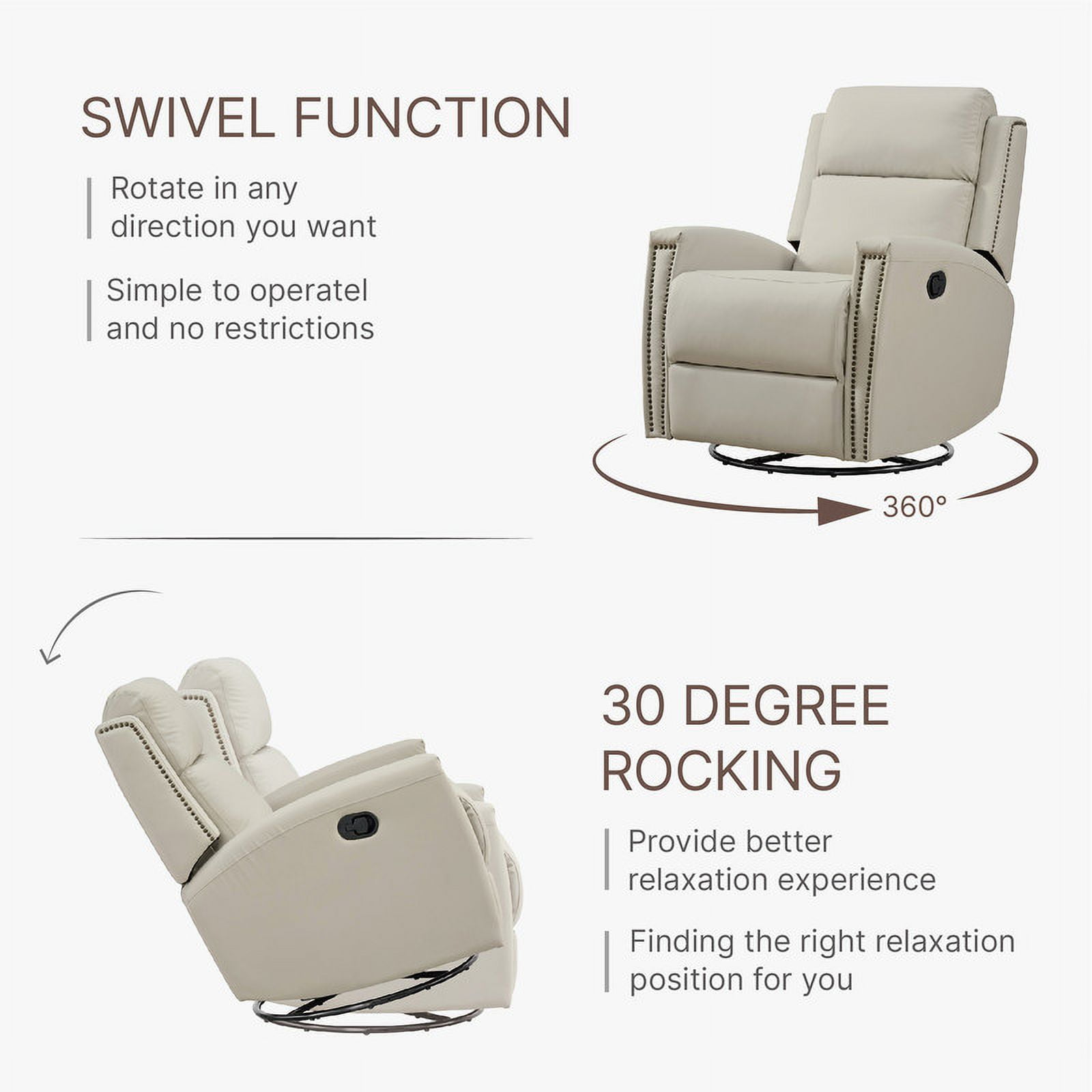 CHITA Faux Leather Swivel Glider Recliner with Nailhead Trim, Nursery Chair, Beige