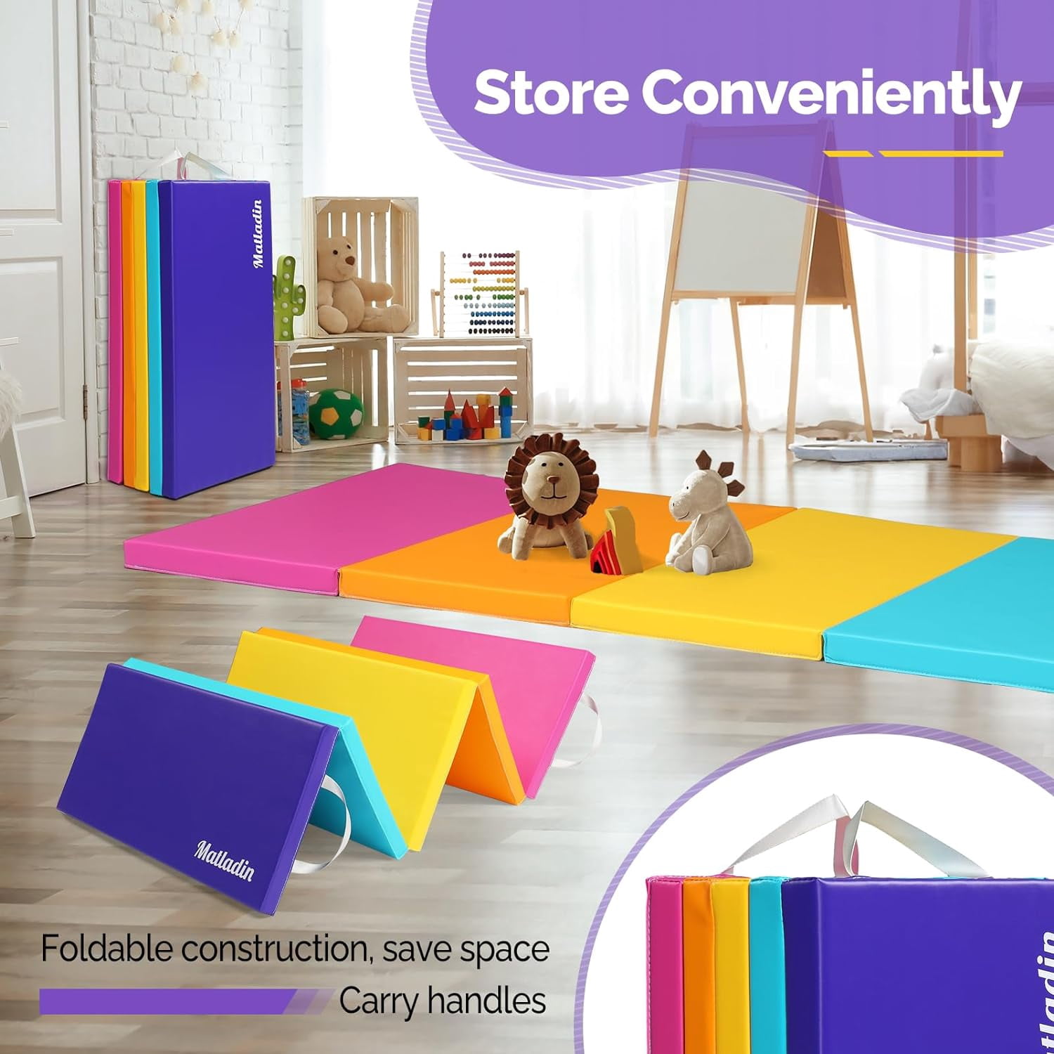 Matladin 1.5" Thick 5-Folding Gymnastics Mat, 6.3'x2.5', Multi-Color Exercise Mat with Handles