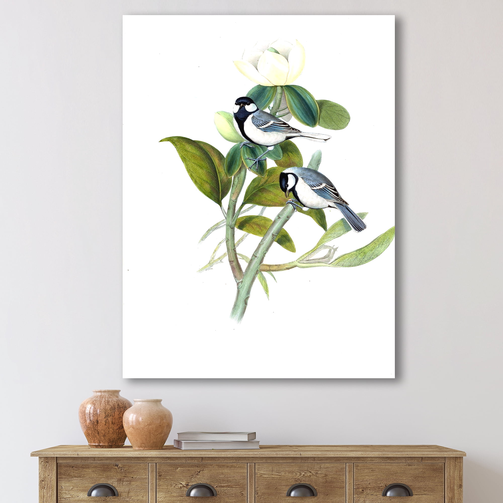 Vintage Countryside Birds On Branch I 8 in x 12 in Painting Canvas Art Print, by Designart