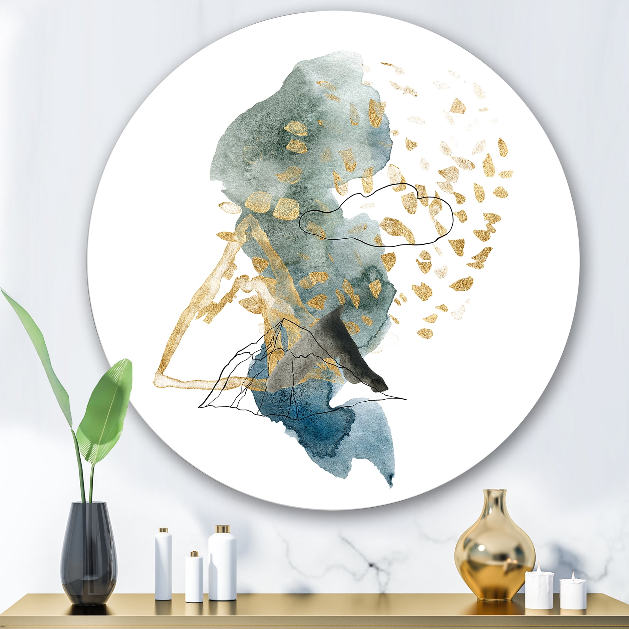 Designart 'Gold Strokes and Landscape of Dark Blue Mountains I' Modern Circle Metal Wall Art 29x29 - Disc of 29