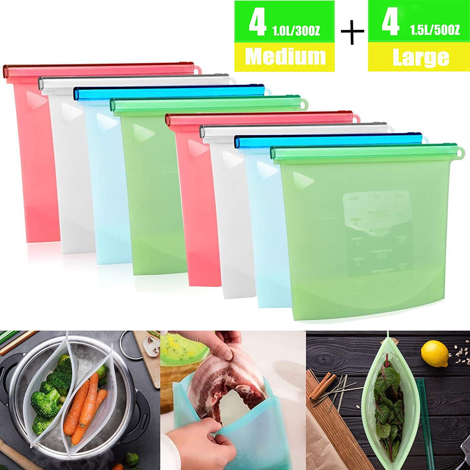 8PCS Silicone Food Storage Bags Reusable Silicone Bags Fruit Meat