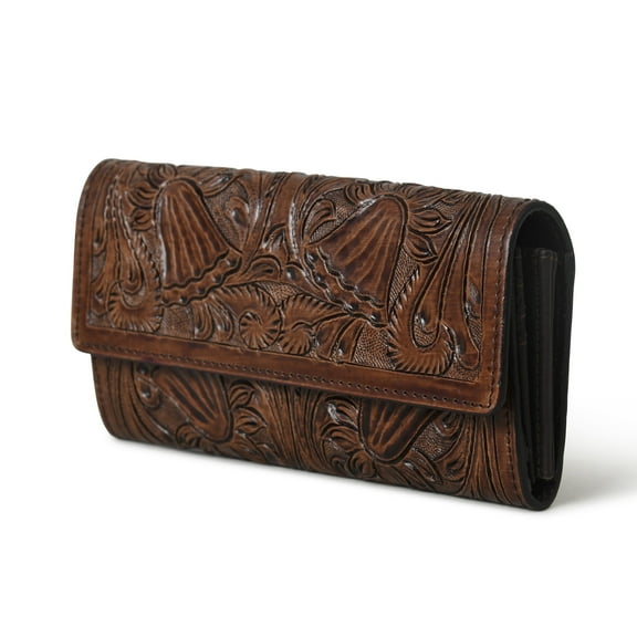 Western Leather Wallet for Women – Handmade Cowhide Clutch Purse, 12 Card Slots, Multi-Compartment, Zip Pockets, No Strap – Dark Brown 8"x4.5"