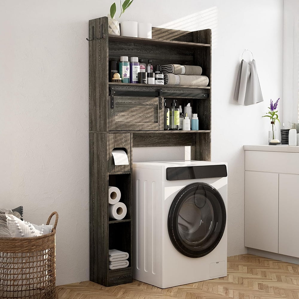 MIDOQIN Over The Toilet Storage Cabinet, Farmhouse Wooden 6-Tier Bathroom Organizer with Adjustable Bottom Bar Home Space-Saving Toilet Rack