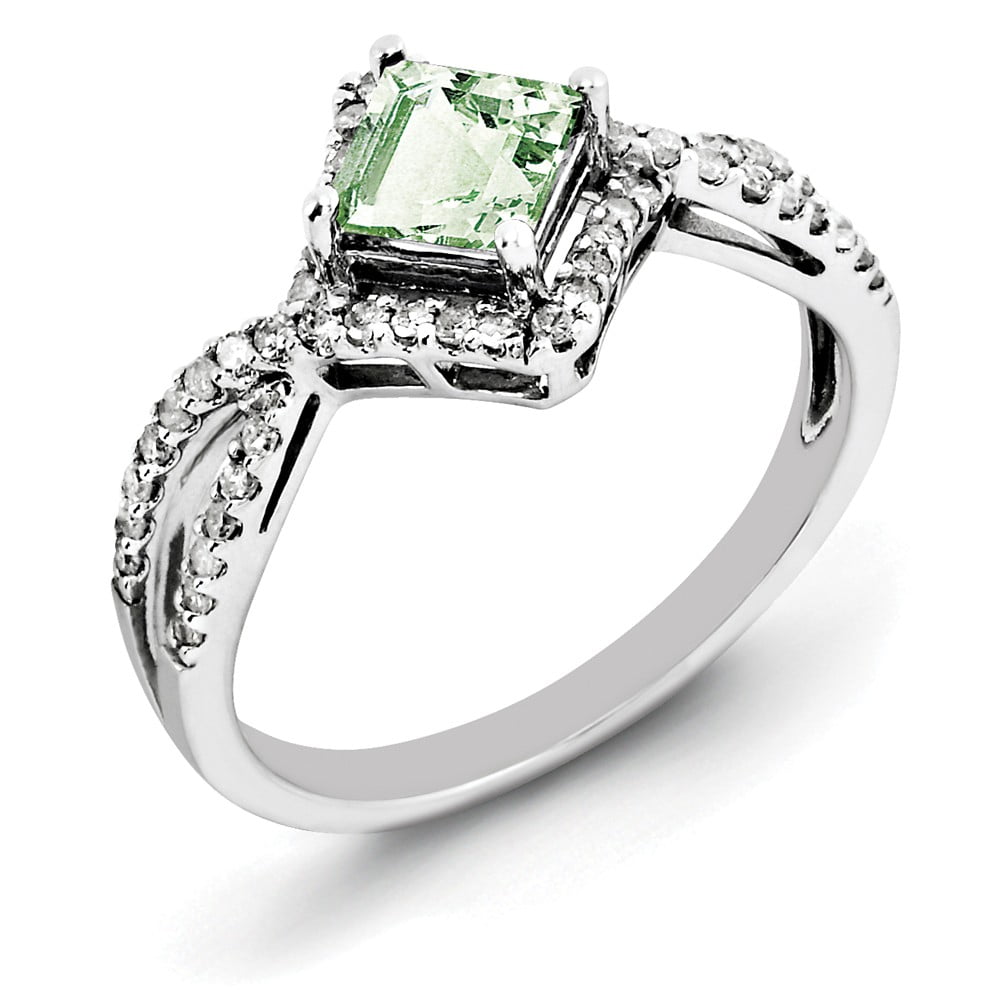 Solid 925 Sterling Silver Green Simulated Quartz Diamond Ring 2mm