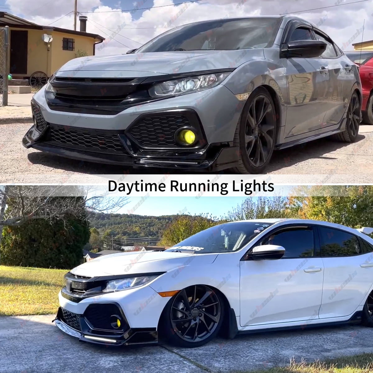 Carbon Fiber Style Front Bumper Lip W/Light Compatible with 2016-2021 Honda Civic Hatchback & Si, Air Dam Spoiler Splitter with LED Daytime Running Lights Fit for 2016 2017 2018 2019 2020 2021