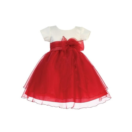 Bow Satin Crystals - Lito Girls Red Ivory Satin Crystal Organza Bow Accent Christmas Dress