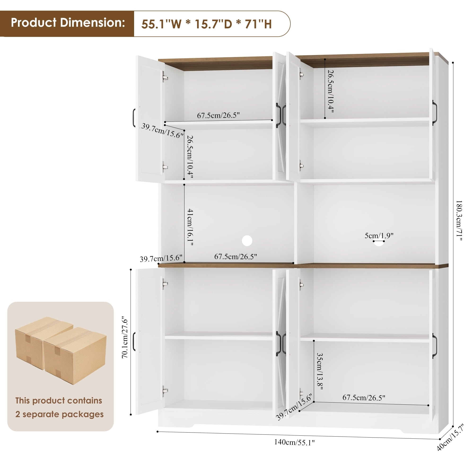 Homfa 71'' Tall Pantry Cabinet with Hutch, Large Kitchen Storage Cabinet with Microwave Stand & Doors for Dining Room Living Room, White
