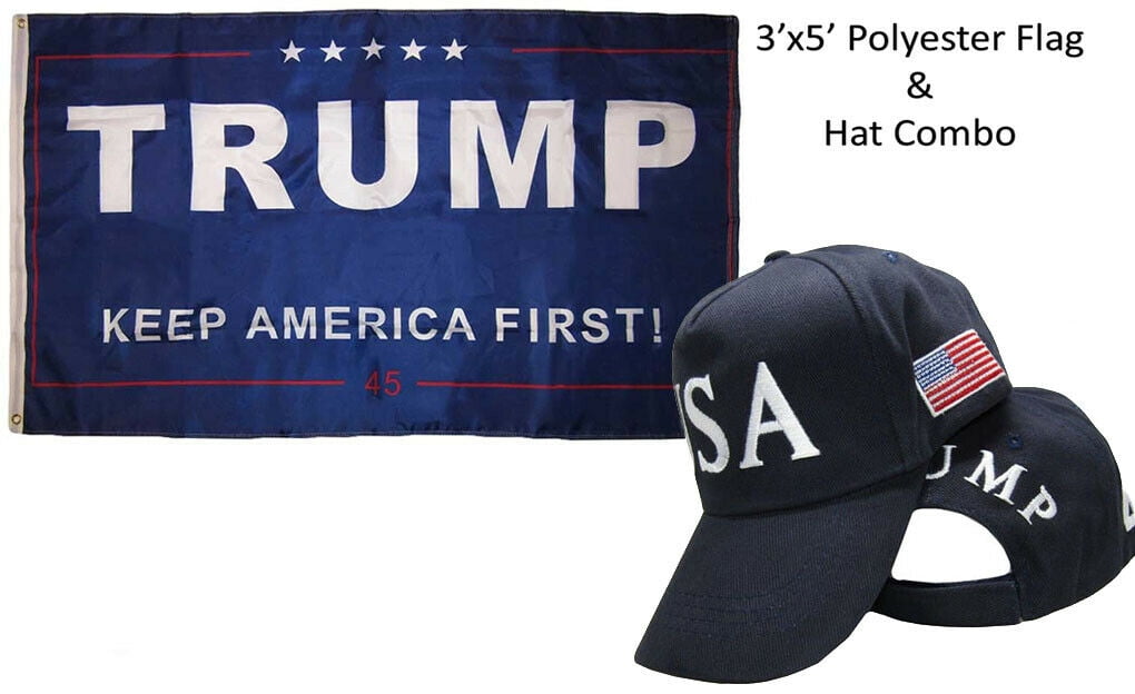 3'x5' Trump Blue Make America Great & USA Trump 45th President White Navy Hat 