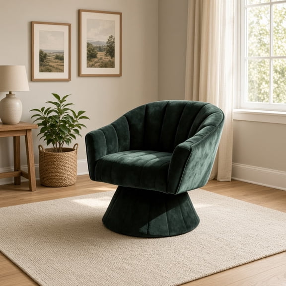 360° Swivel Accent Chair, Modern Channel Tufted Barrel Chair with Corduroy Upholstery, Comfy Round Swivel Lounge for Living Room Bedroom Vanity Office, Green