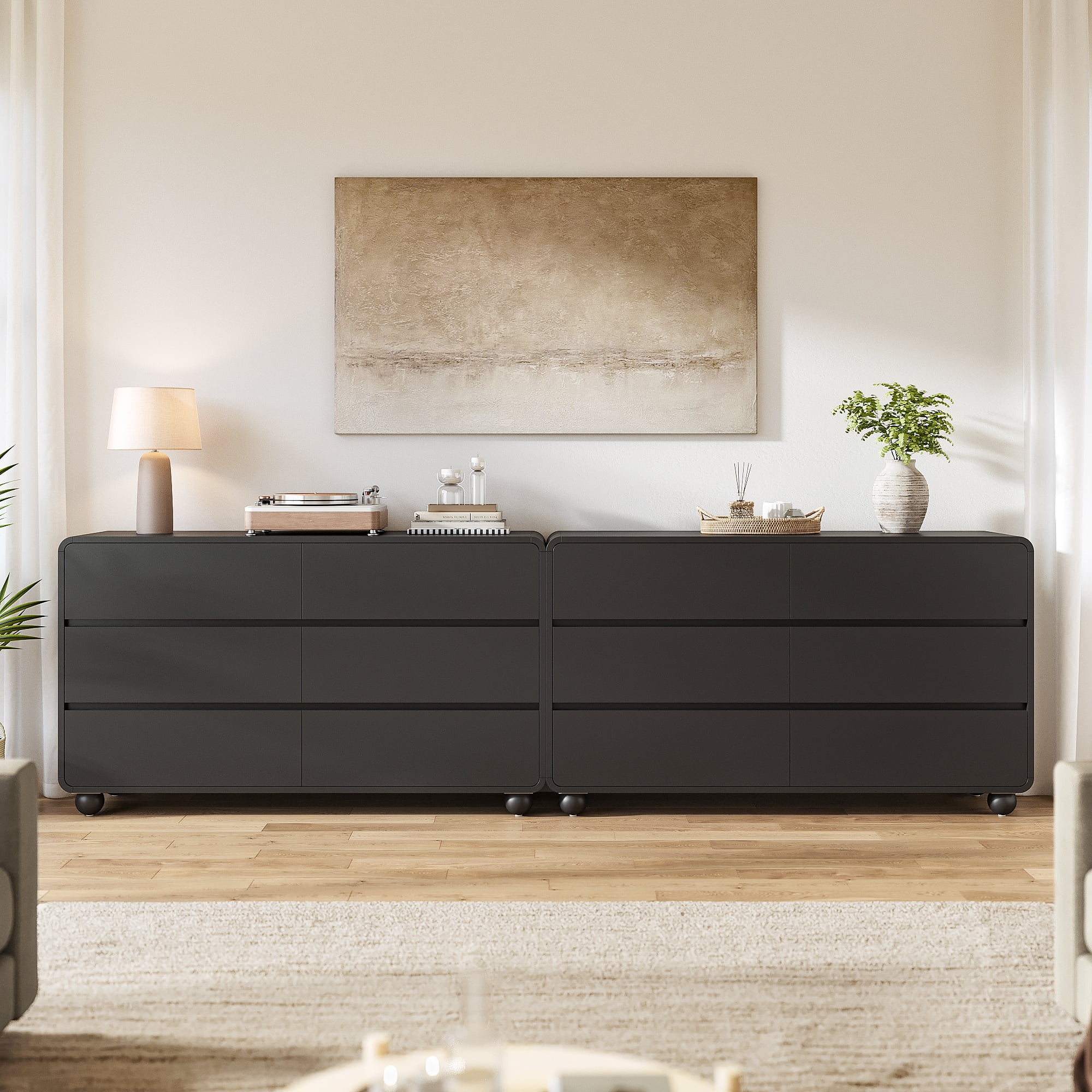 Aufeile Dresser for Bedroom, 6 Drawer Dresser & Chest of Drawers, 53" Modern Chest of Drawers with Curved Profile Design, Wood Dresser Storage Organizer for Adults, Black