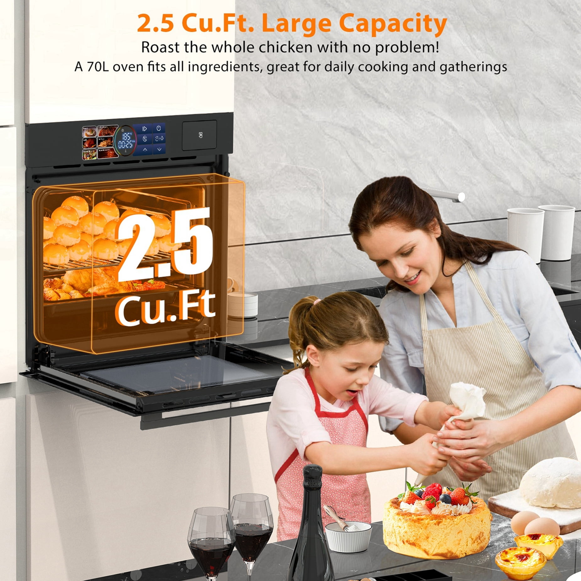 Aoile 24" Single Wall Oven with 2.5 Cu.Ft. Capacity, 3000W Built-in Electric Oven with 4 Cooking Functions & 108 Automatic Recipes