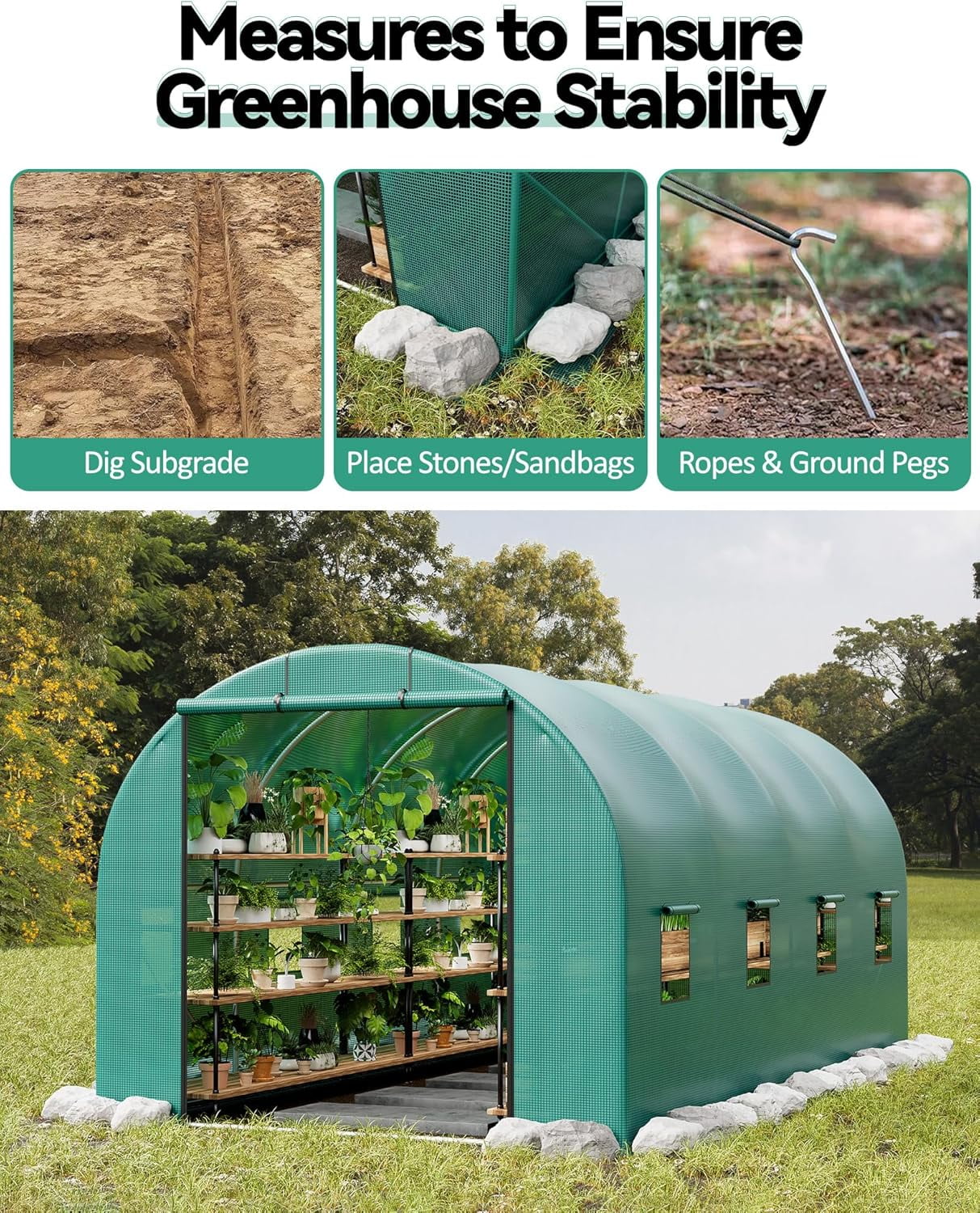 Large Greenhouse,15x6.5x6.5ft Heavy Duty Outdoor Greenhouses,Walk in Tunnel Green House,Portable Plant Gardening with Zippered Doors and Window,Galvanized Steel Frame for Gardening