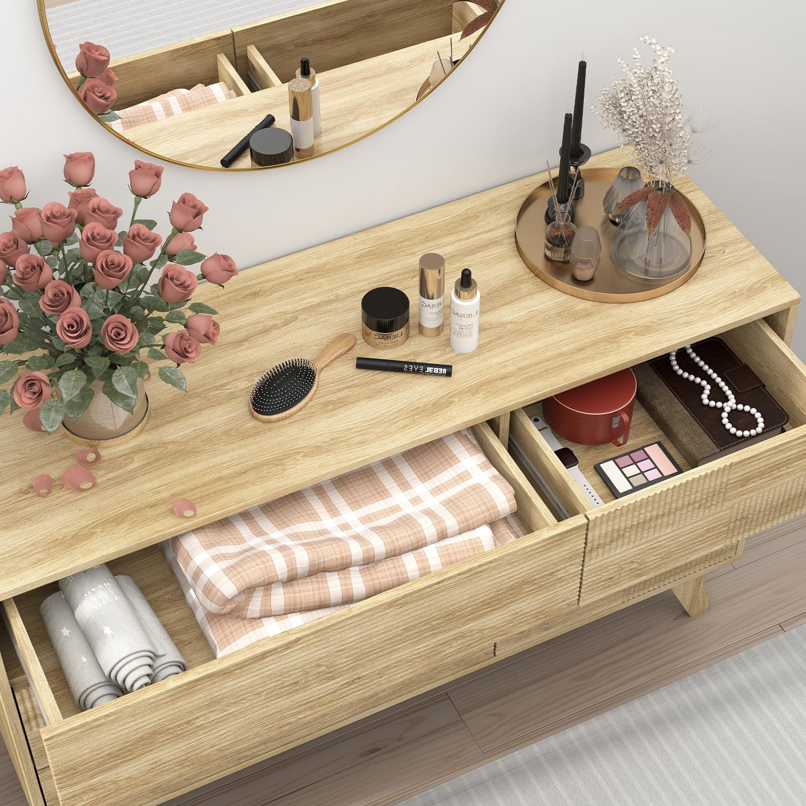 Danpinera Home 6-Drawer Dresser for Bedroom, 47” Modern Handleless Chest of Drawers, Fluted Wooden Storage Cabinet & TV Stand for Closet, Hallway, or Living Room, Natural Oak