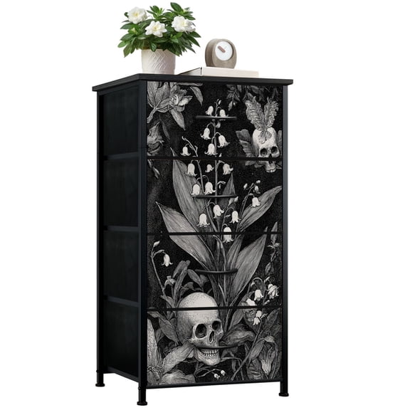 Gothic Dresser for Bedroom with 4 Storage Drawers Lily Valley Human Skull Gothic Botanical Engraving Black Dressers Chest of Drawers Steel Framed Fabric Closet Organizers for Dorm Entryway