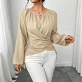 thumbnail image 4 of GILIGEGE Women's Lantern Sleeve Blouse,Cross Wrap Front Tie Back Dressy,Asymmetrical Wrap Tops,Ruched V Neck Long Sleeve Blouses,Soft Stretchy Fitted Blouse,Casual Work Going Out Wrap Top Beige M, 4 of 5
