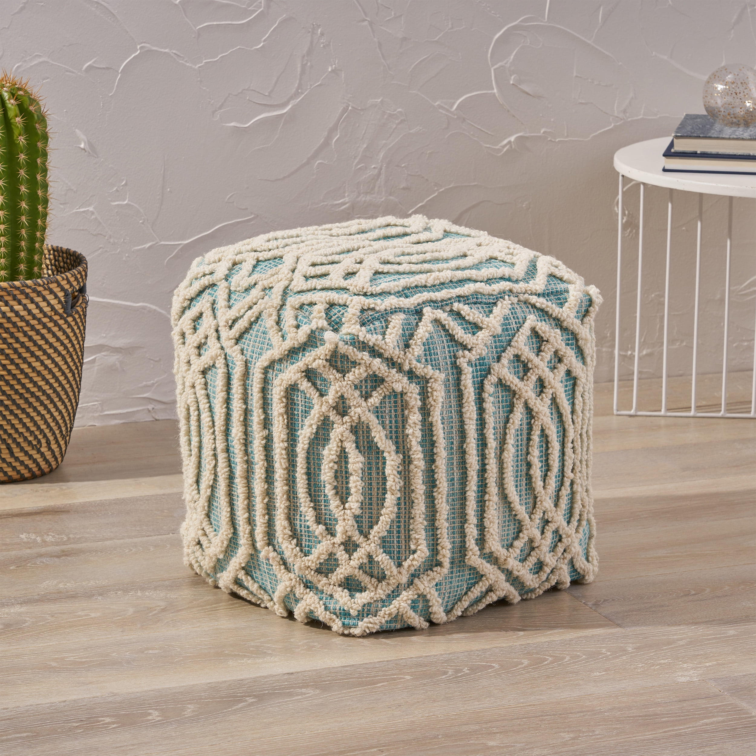 Poppy Boho Wool and Cotton Ottoman Pouf, Aqua and White