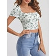 thumbnail image 5 of Biezeib Women's Crop Tops Slim Fit Square Neck Short Sleeve Front Tie-Up Showing Navel Floral Tops Shirt for Summer, 5 of 6