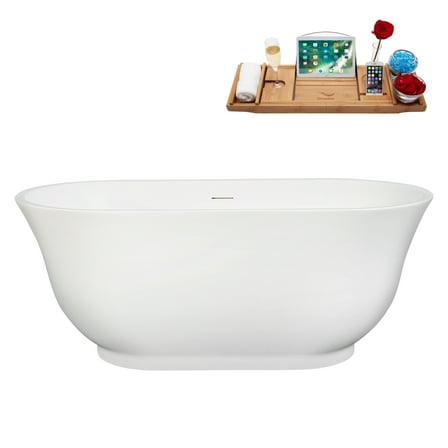 59" Streamline B-508-235-PBR Soaking Glossy White Freestanding Tub and Tray With Internal Drain in Polished Brass