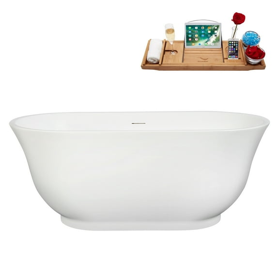 59" Streamline B-508-235-CH Soaking Glossy White Freestanding Tub and Tray With Internal Drain in Polished Chrome
