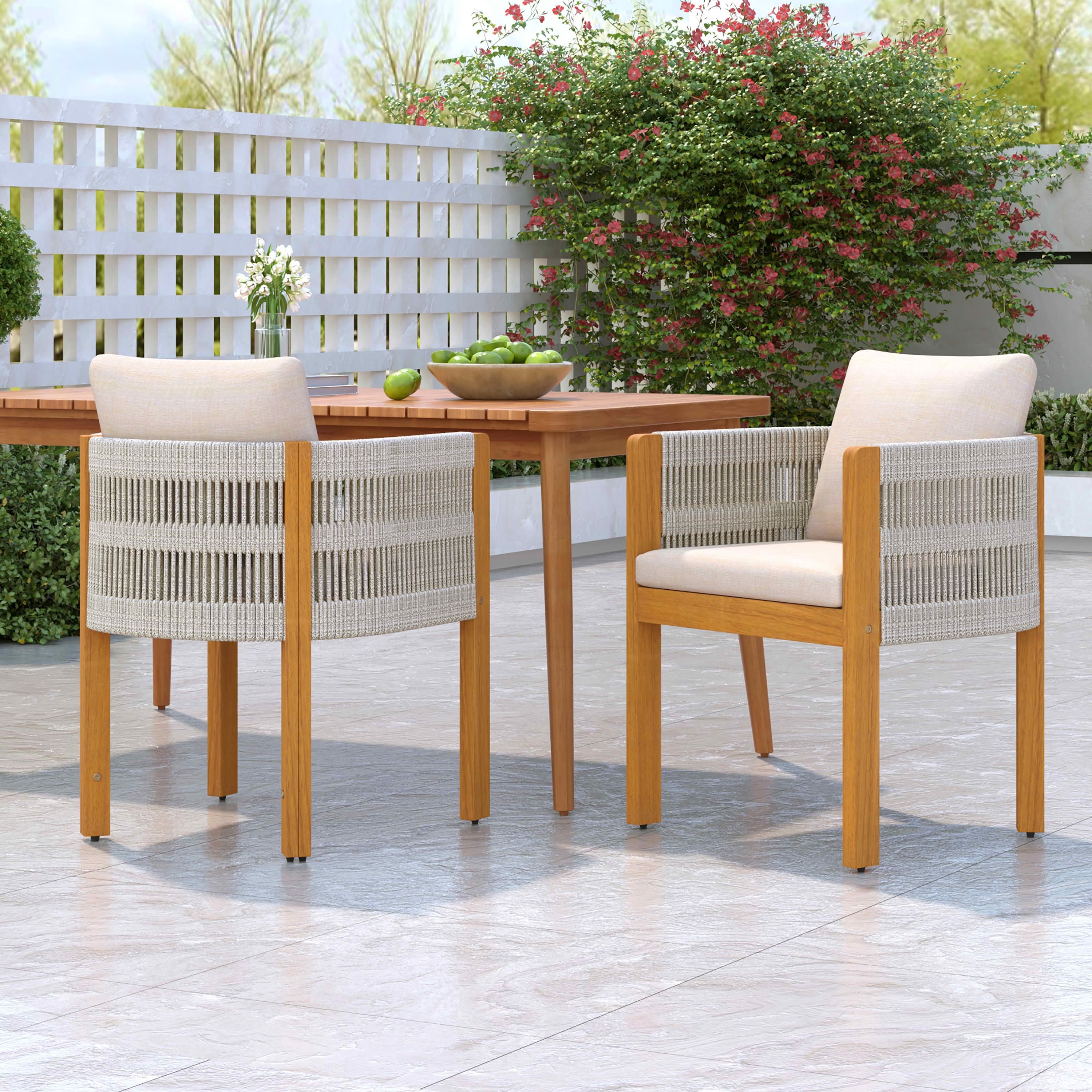 MAYEERTY Set of 2 Acacia Wood Patio Chairs with Rope-Wrapped Arms & Waterproof Foam Cushions 400lbs Capacity