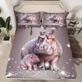 thumbnail image 2 of Hippo Bed Sheets Set Grey Sequin Fluid Art Sheet Set,Crystal Diamond Sheets Queen Size Bed Set Coastal Creature Top Sheet,Animal Room Decor, 2 of 7