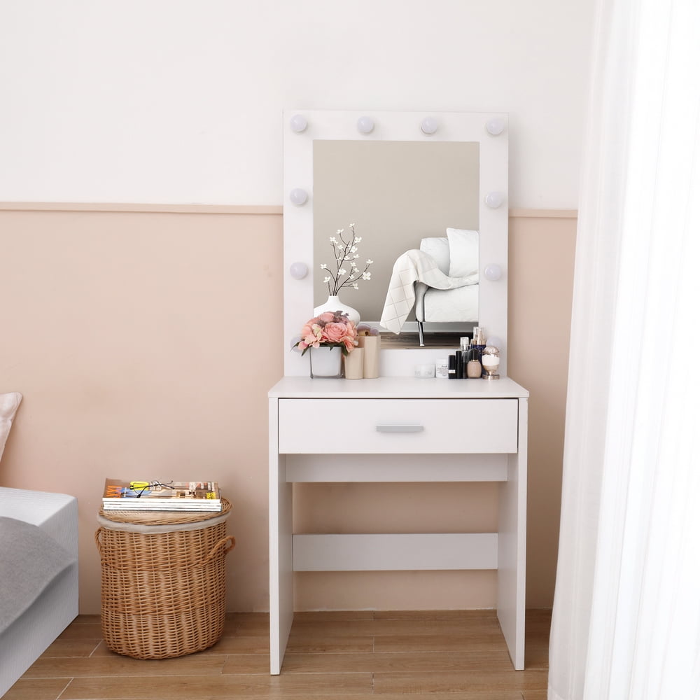 Lowestbest Make Up Table, Single Drawer Dresser with Light Cannon and Large Mirror, White, Warm Light Lowestbest Make Up Table, Single Drawer Dresser with Light Cannon and Large Mirror, White, Warm Light