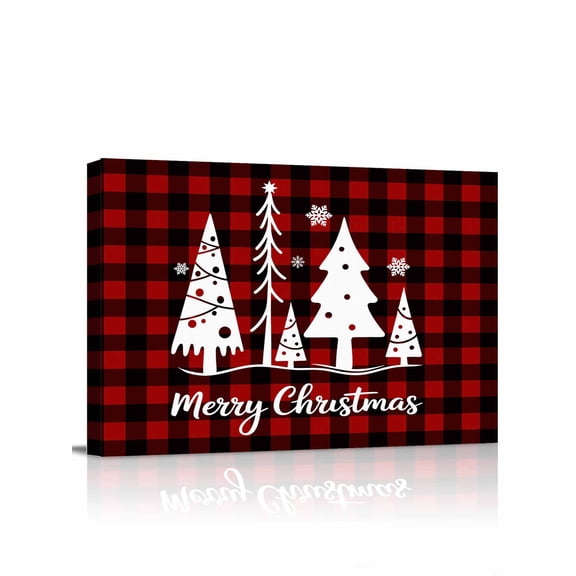 Merry Christmas Canvas Print Wall Art Christmas Trees Snowflakes Red Patches Pictures Painting Morden Artwork for Living Room Bedroom, Ready to Hang - 12"x16"