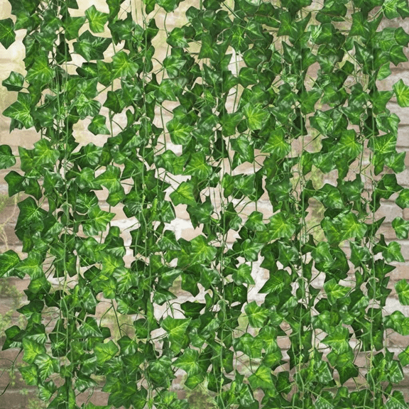 Artificial Ivy Garland with Green Flowers and Clips - 12 Pack Faux Greenery Leaves for Hanging Plants, Home Decor, Bedroom Aesthetic, Garden Wall, and Wedding Decorations