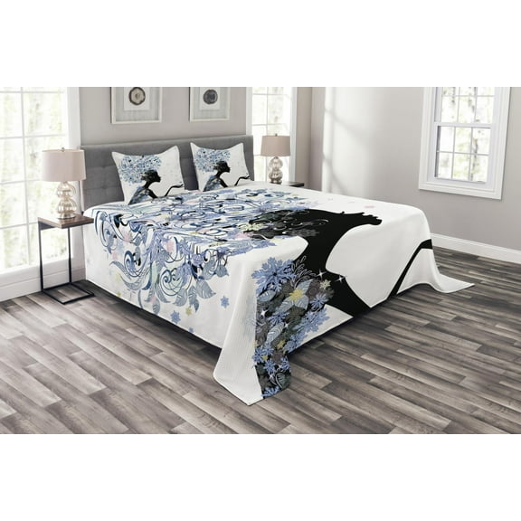 Ambesonne Retro Quilted Bedspread Set 3 Pcs, Flower Haired Snowflakes, King Size, Slate Blue and Black