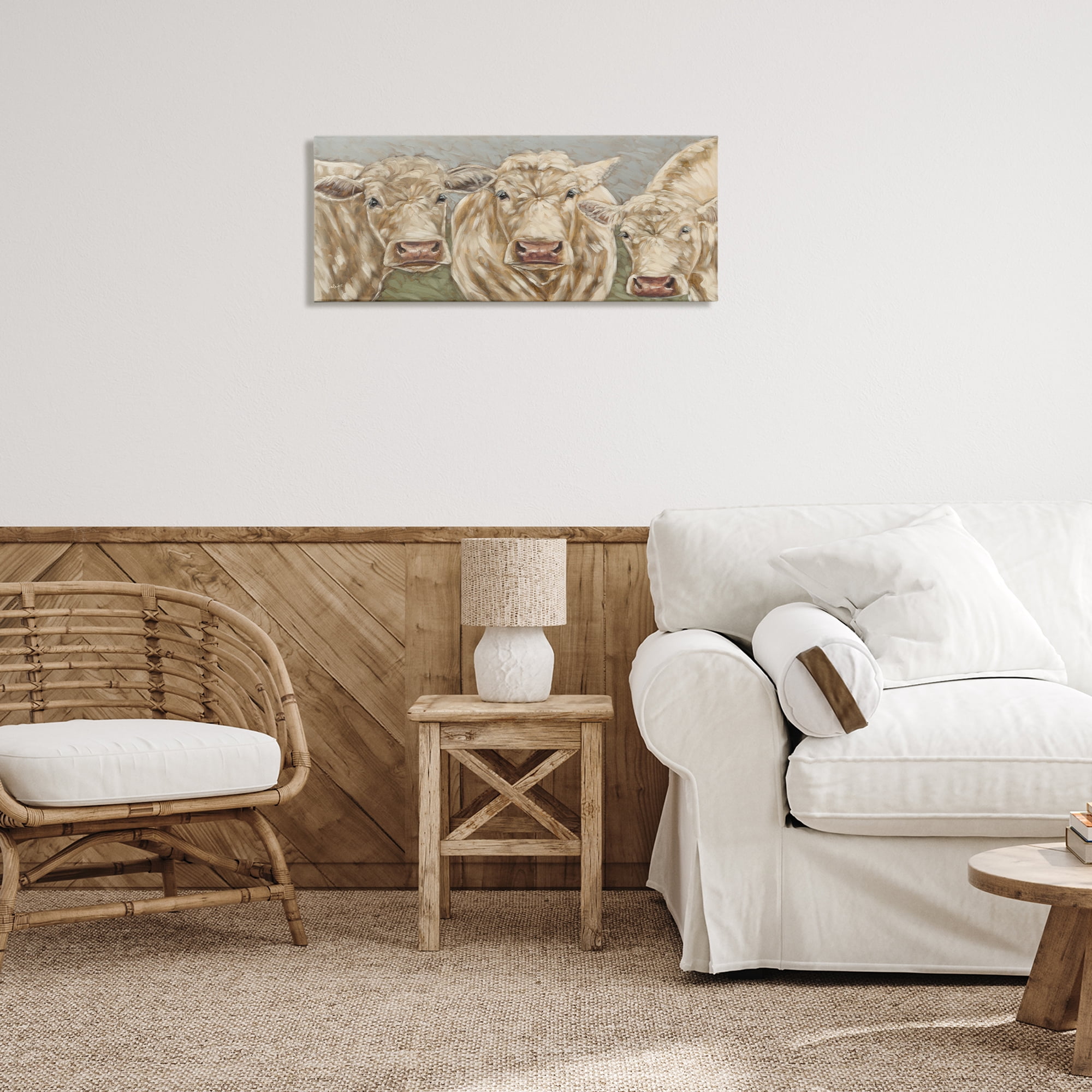 Stupell Industries Beige Cow Trio Animals & Insects Painting Gallery Wrapped Canvas Art Print Wall Art, 30 x 13