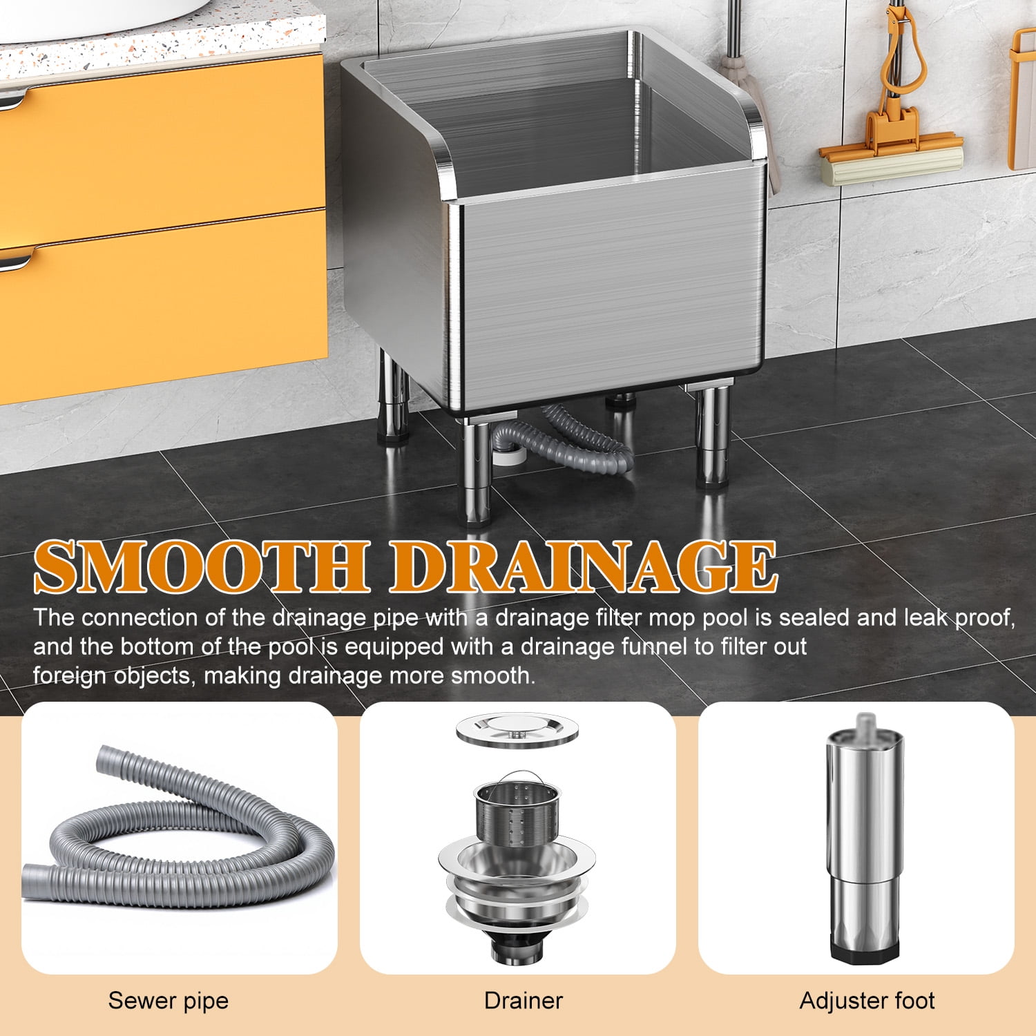 Cixusio Commercial Floor Mop Sink, Stainless Steel Mop Service Basin Laundry Room Slop Sink, Tub Utility Sink for Kitchen/Restaurant, Silvery (45x41x55cm)