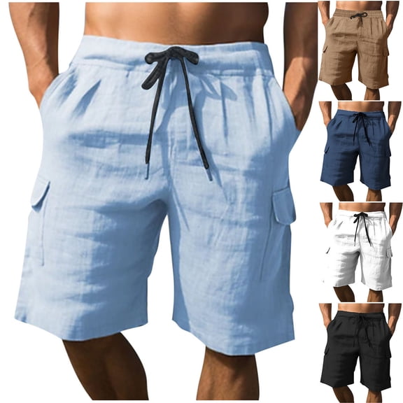 Xunlbb Men's Shorts Clearance Gym Shorts Men, Men Cotton Linen Solid Color Casual Fashion Drawstring Elastic Waist Straight Leg Ventilate Pockets Beach Pants, S-3XL
