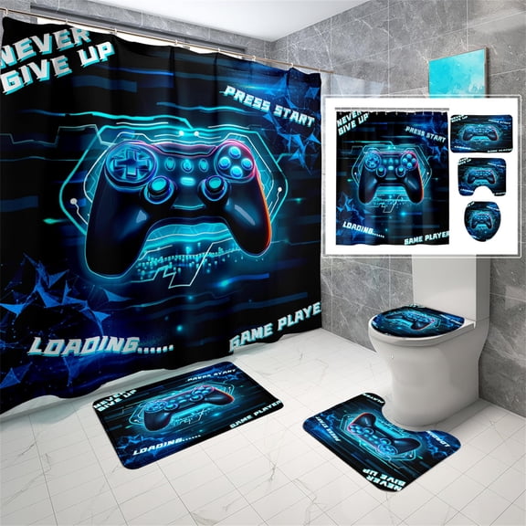 Brythos Gamer Controller Bathroom Set 4 Pieces, 70x70 inches Gamepad Shower Curtain with Matching Rugs and 12 Hooks, Gaming Decor for Boys Kids Bathroom
