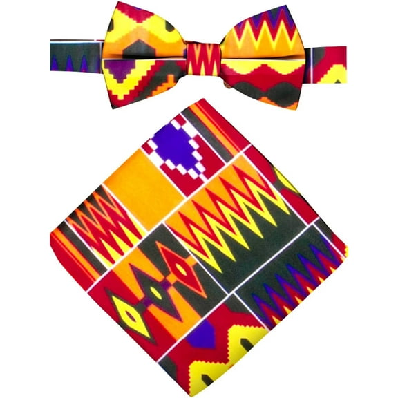 2pcs Ankara Premium African Kente Pre-Tied Bow Ties for Men & Pocket Square Set Men Bownot