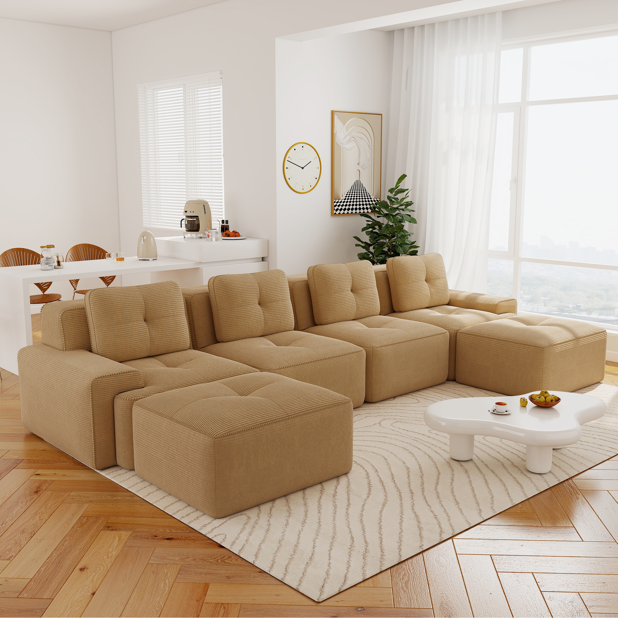 Aukfa 6-Piece Tufted Modular Corduroy Sectional Sofa with 2 Ottomans for Living Room, 128.5-in Wide Sofa Seat, Camel