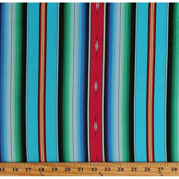 Cotton Aztec Stripes Southwestern Southwest Woven Blanket Look Fiesta Blue Green Cotton Fabric Print by the Yard (545BLUE)