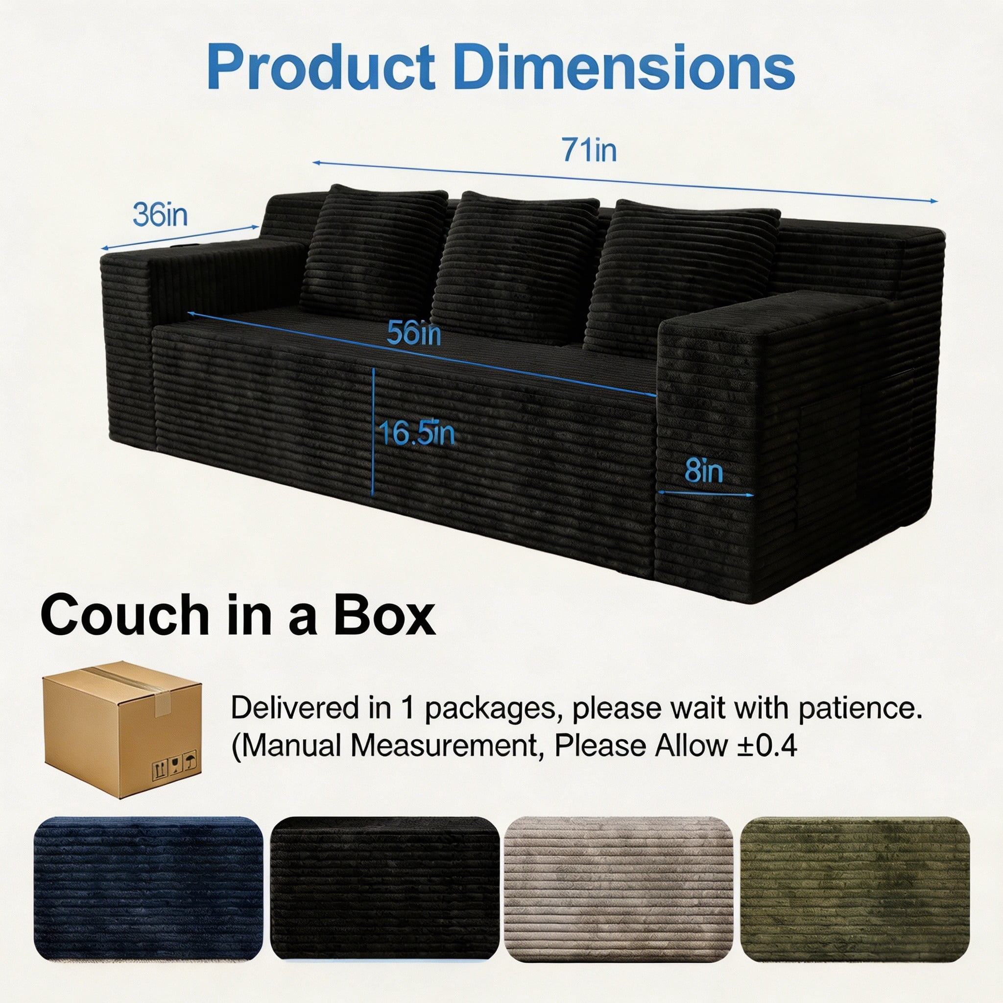 Modern 71" Corduroy Sofa, No Assembly Deep Seat Couch in a Box for Living Room, Black