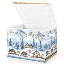 Yayeee Collapsible Cube Storage Bin with Lid Fabric Closet Decorative Basket with Handles, Winter Village