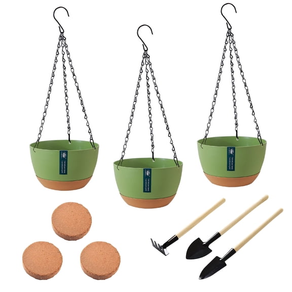 VNEKVA 3-Pack Green Plastic Hanging Planters with Chain, Coconut Coir & Tools - Indoor/Outdoor Flower Pots with Drainage Holes for Garden Porch