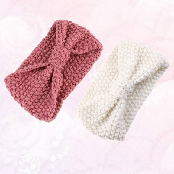 WHAMVOX 2pcs Warm Bowknot Headband Crocheted Headwrap Hair Band Headwear for Women (White, Pink)