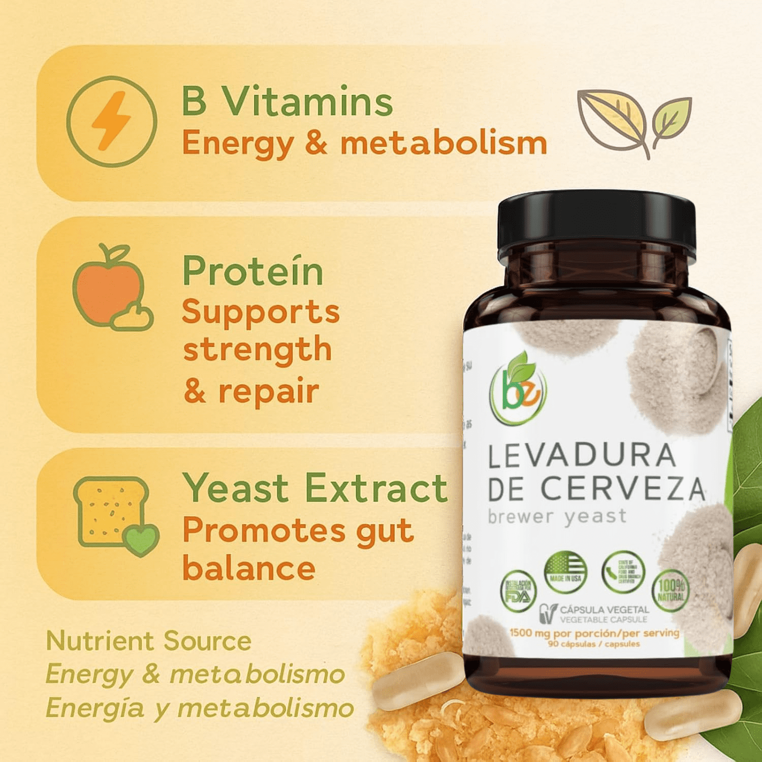 Levadura De Cerveza (Brewer’s Yeast Capsules) – 1500 mg Per Serving, 90 Veggie Caps – 100% Natural, Made in USA – Nutrient-Rich Superfood for Digestive & Immune Support | Dietary Supplement