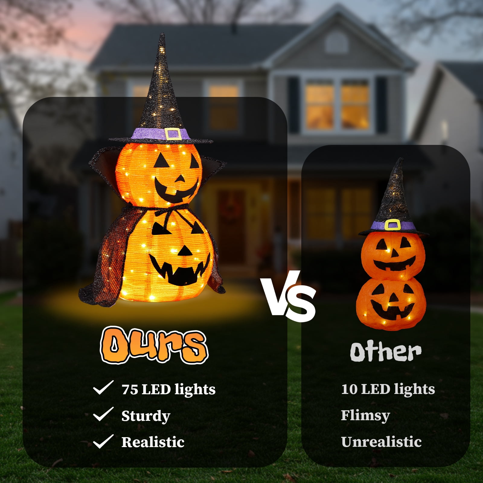 2Packs 3ft Collapsible Lighted Jack-O-Lantern Halloween Decor 176 LED Pop-Up Pumpkin Lamp Wizard Hat Cape Metal Frame For Indoor Outdoor Yard Decor