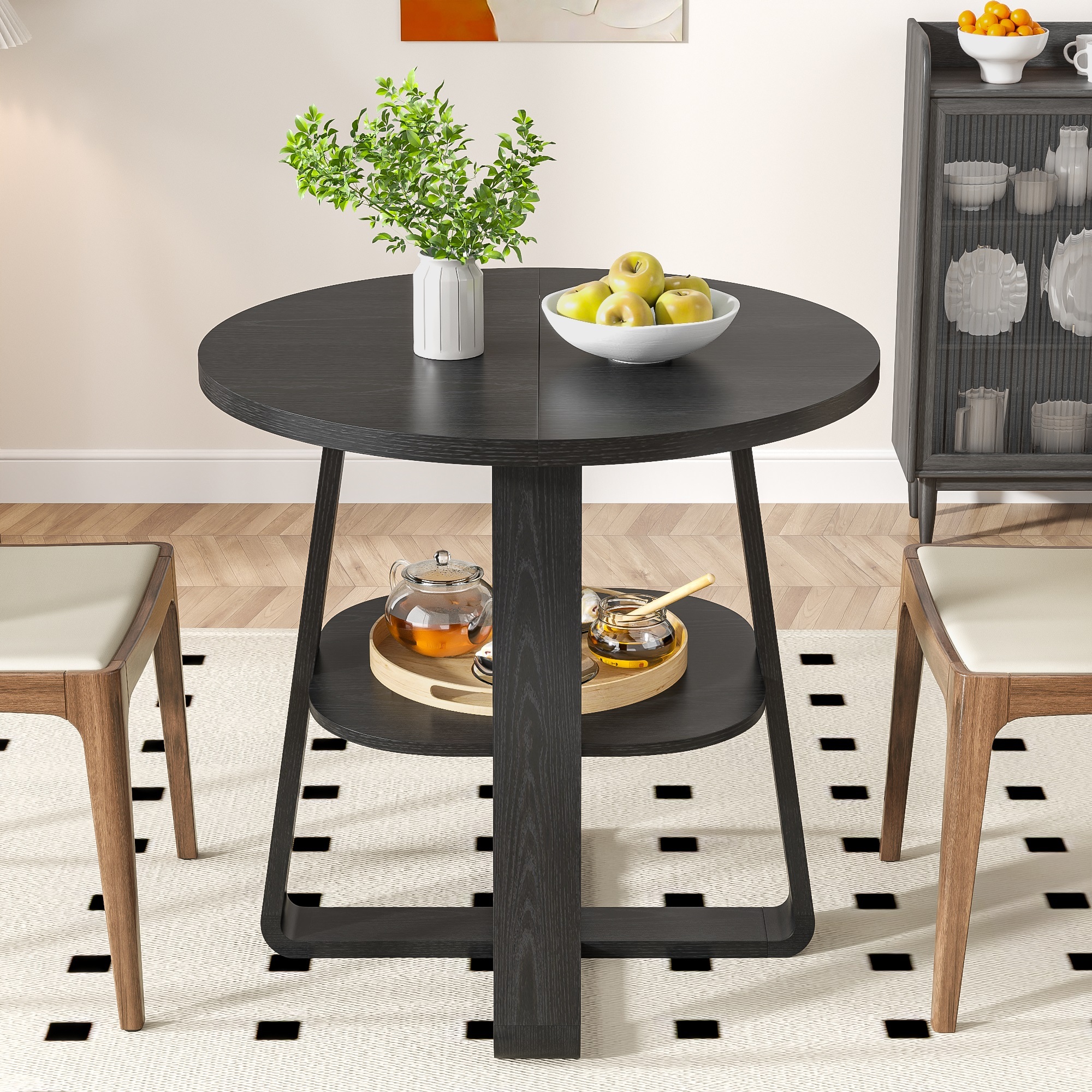 Small Round Dining Table for 2-4, Farmhouse Kitchen Table with Open Shelf, Circle Table for Space Saving, Living Room, Dining Room, Black