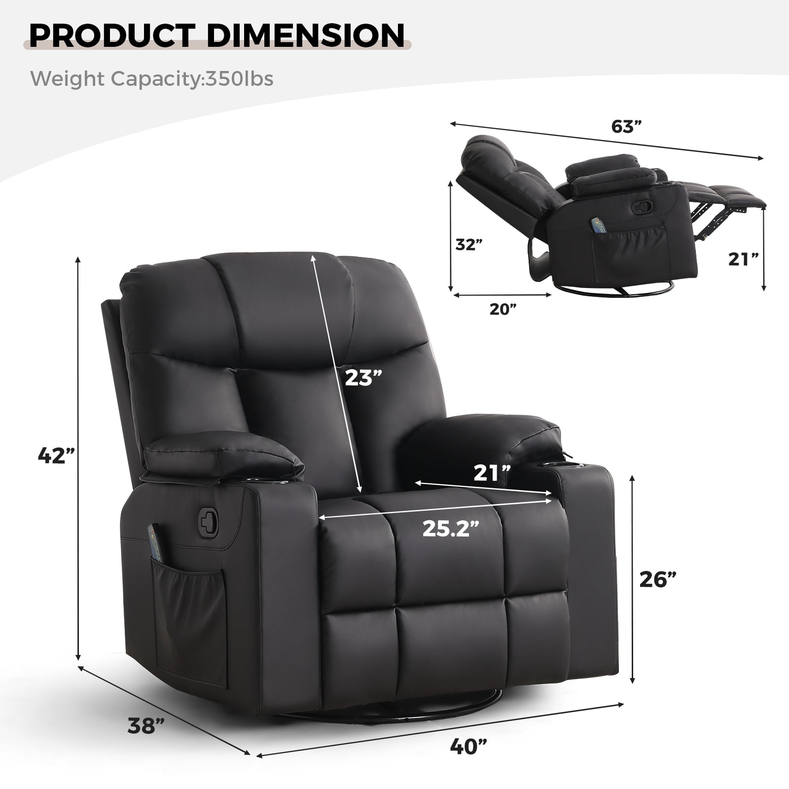 Bonzy Home Rocker Recliner Chair with Swivel Base, Massage & Heat, 2 Cup Holders – Comfortable Recliner for Living Room, Bedroom, Black